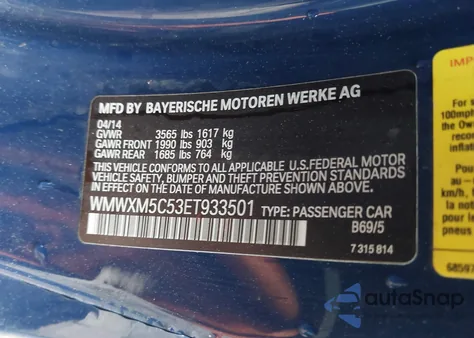 2014 Mini Hardtop Cooper z USA, uszkodzony, nr VIN WMWXM5C53ET933501